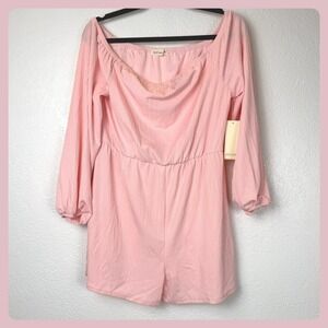 HOT GAL Coquette Girl Girlhood Core Pink Ribbed Off Shoulder Long Sleeve Romper